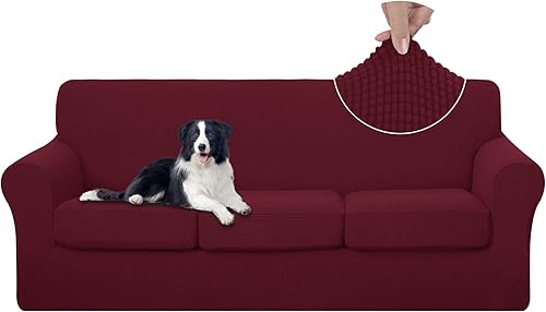 U-NICE HOME Funda elástica para sofá de 4 piezas, lavable, con cojín de asiento individual para sofá de 3 cojines, apta para mascotas (sofá, borgoña)