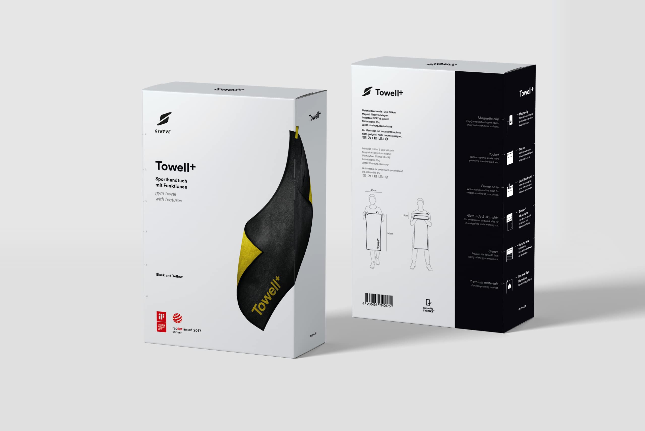 STRYVE | Towell + | Asciugamano sportivo con borsa e clip magnetica | ideale per palestra e attività all'aperto | noto da La grotta dei leoni | Edition nero giallo