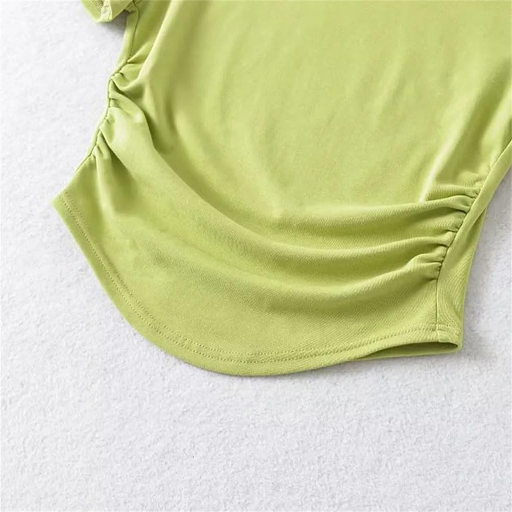 Women's Crew Neck Cotton Side Ruffle Short Sleeves
