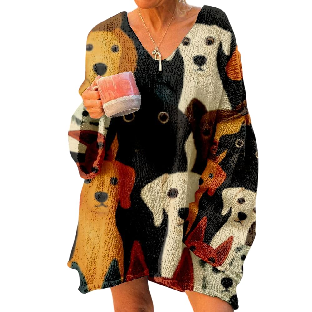 Womens Fall Sweaters 2025 V Neck Pullover Sweaters for Women with Floral Dog Cat Print Long Sleeves Lightweight