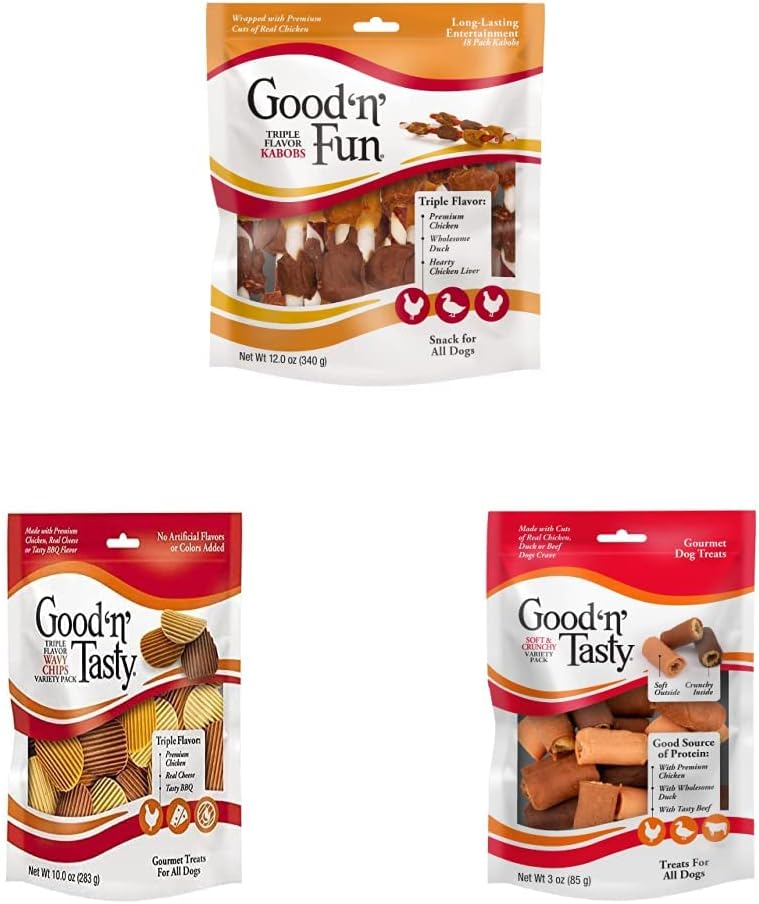 Good'N'Fun Triple Flavored Rawhide Kabobs for Dogs 12oz, Good 'n' Tasty Wavy Chips 10 oz, Good 'n' Tasty Soft & Crunchy 3oz