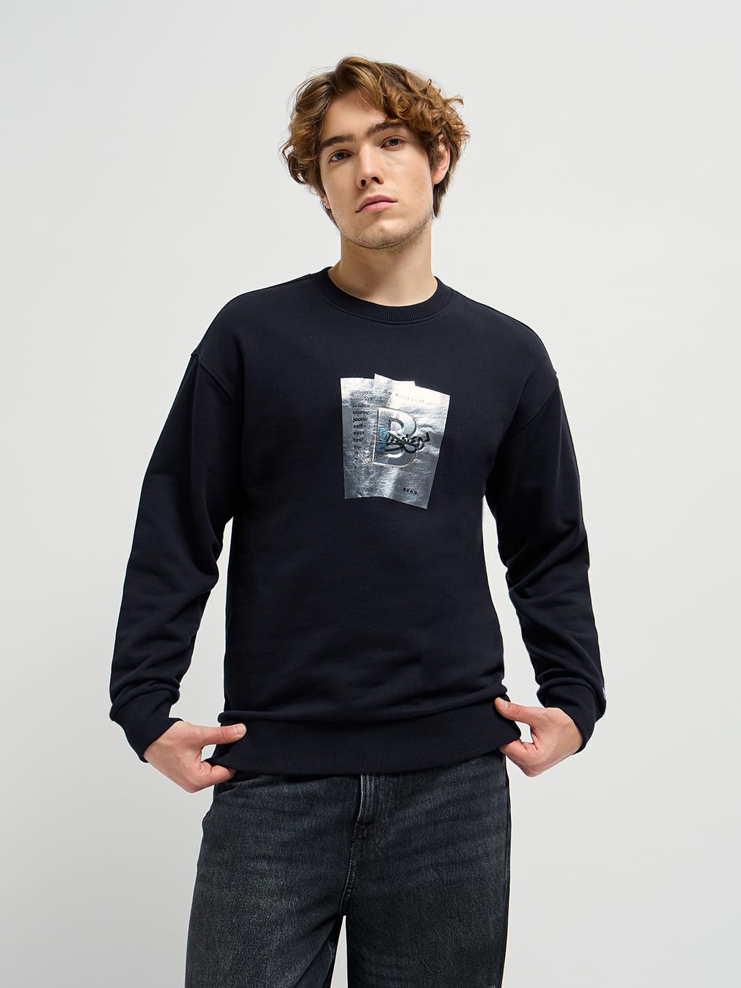 THE BEAR HOUSE Men Graphic Printed Round Neck Cotton Pullover Sweatshirt Black 4