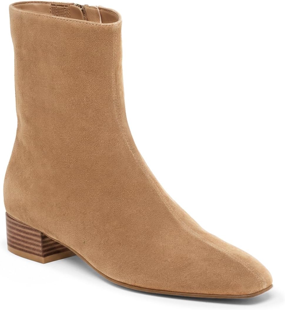 Coutgo Womens Ankle Boots Chunky Low Heel Square Toe Zipper Dress Booties, Light Brown, 6.5 | 1.5-inch Block Stacked Heel,Side Zipper,Dressy Casual,Work Office,Fall Winter,Comfortable