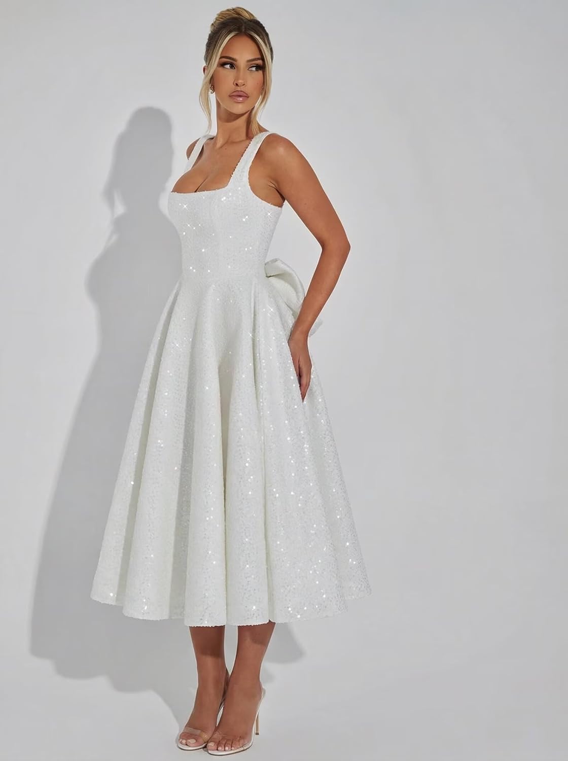 Cudiew Sparkly Sequin Prom Dresses for Teens Square Neck Glitter Bodice Pleated A Line Formal Cocktail Party Dress Tea Length - Image 5