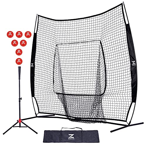 ZELUS 7x7ft Baseball Softball Practice Net | Portable Baseball Net with Tee, 7 x 2.8 16oz Weighted Baseballs and Carry Bag for Batting Hitting and Pitching