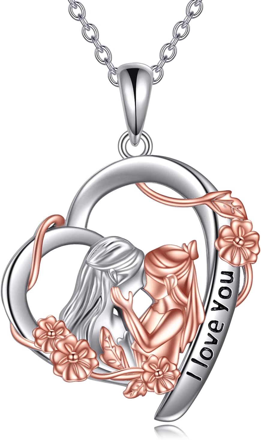 YAFEINIMother and Daughter Necklace Heart Necklace Mother 925 Sterling Silver Christmas Birthday Pendant Chain Jewellery for Mother's Day Gifts for Mom Daughter, 18+2, Sterling Silver, Two Tone