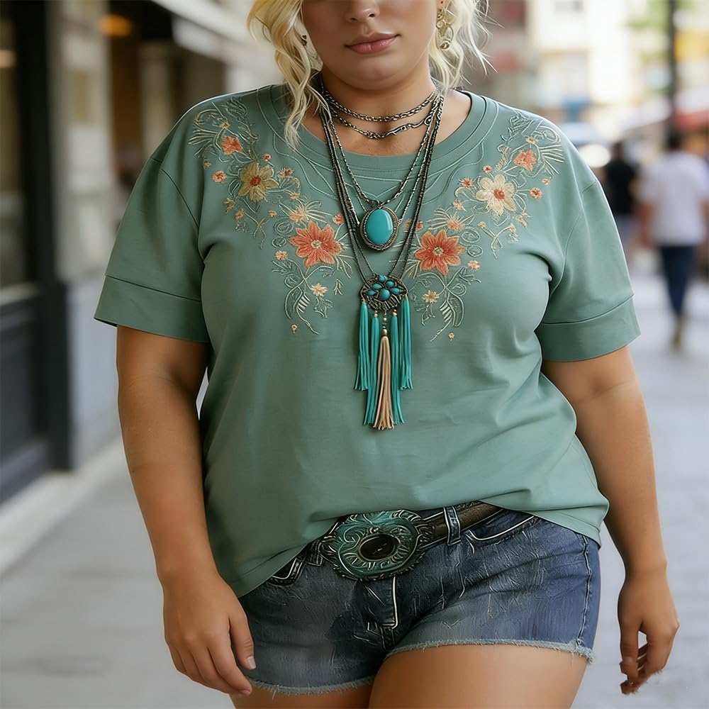 Women's Floral Embroidered Crew Neck Short Sleeve Casual Cotton Blend T-Shirt