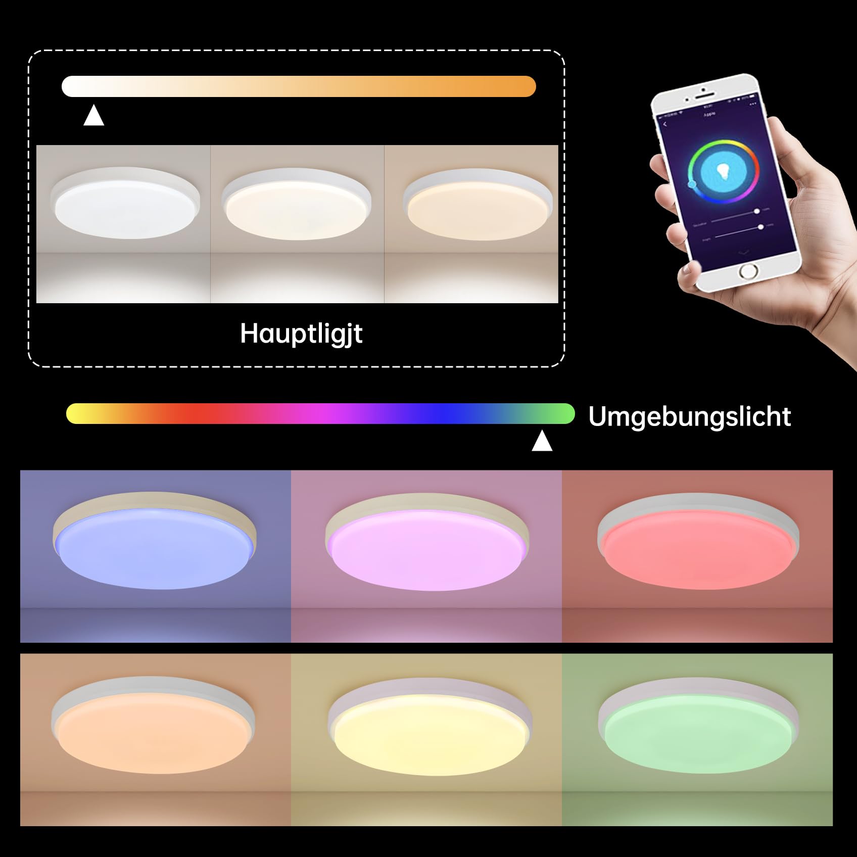 JDONG LED Deckenleuchte Dimmbar 36W mit Bluetooth Lautsprecher Rund led Deckenlampe mit Fernbedienung und APP RGB Farbwechsel 3000-6500K Einstellbar für Schlafzimmer Wohnzimmer Ø40cm