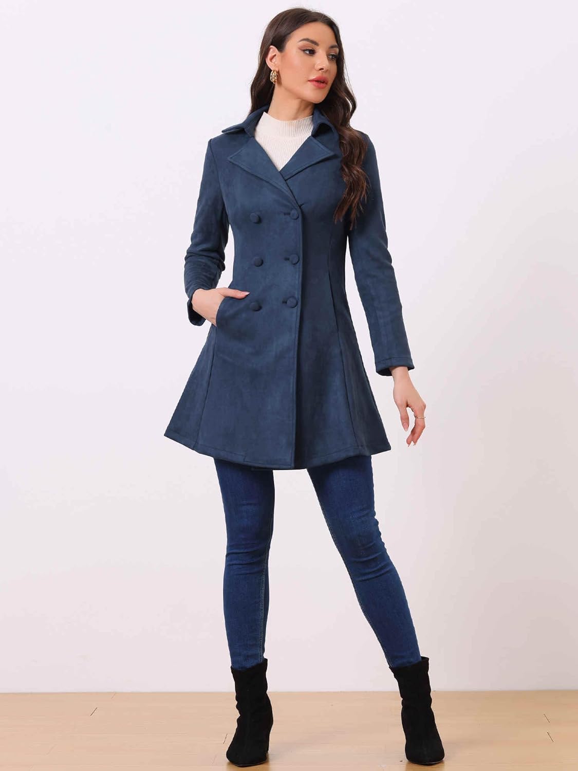 Allegra K Women's Faux Suede Jacket Double Breasted Notched Lapel Winter Long Trench Coat - Image 3