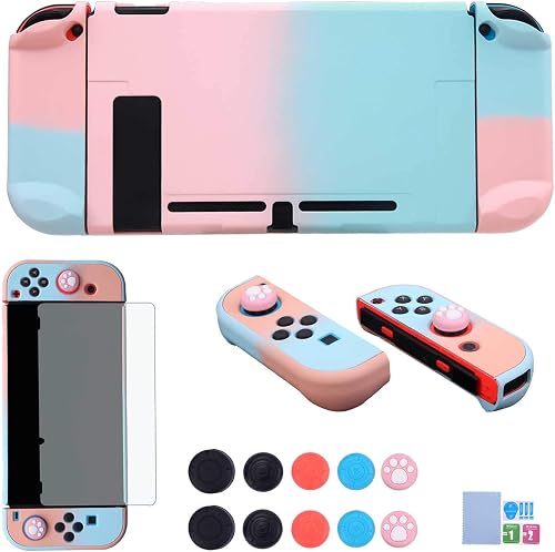 COMCOOL Dockable Case for Nintendo Switch - 3 in 1 Protective Cover Case for Nintendo Switch and Joy-Con Controller with Screen Protector and Thumb Grips - Pink and Blue