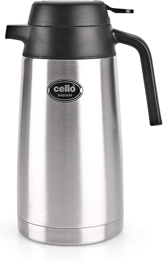 Cello Magnum ISI Certified Vacuum Insulated Stainless Steel Carafe with Handle 1600 ml, Silver | Double Walled, Vacuum Ins...