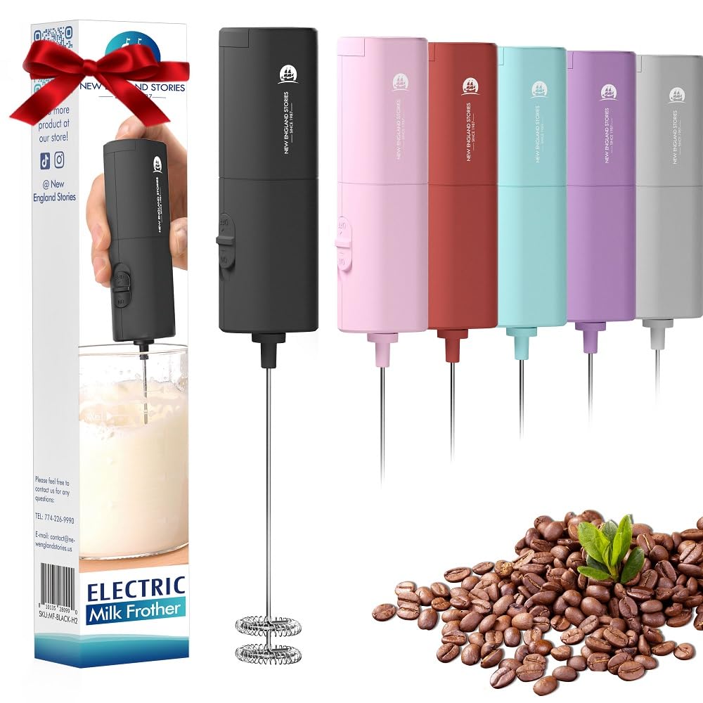 New England Stories Powerful Milk Frother with Self-Stand Design, Handheld Foam Maker Mini Whisk Drink Mixer for Coffee, Cappuccino, Latte, Matcha, and Hot Chocolate