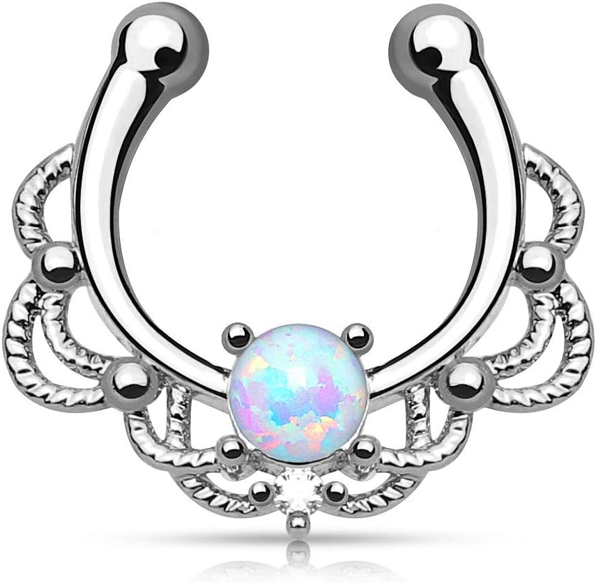 Pierced Owl - 16GA Lacey Single Synthetic Opal Clip On Fake Non No Piercing Septum Hanger Ring