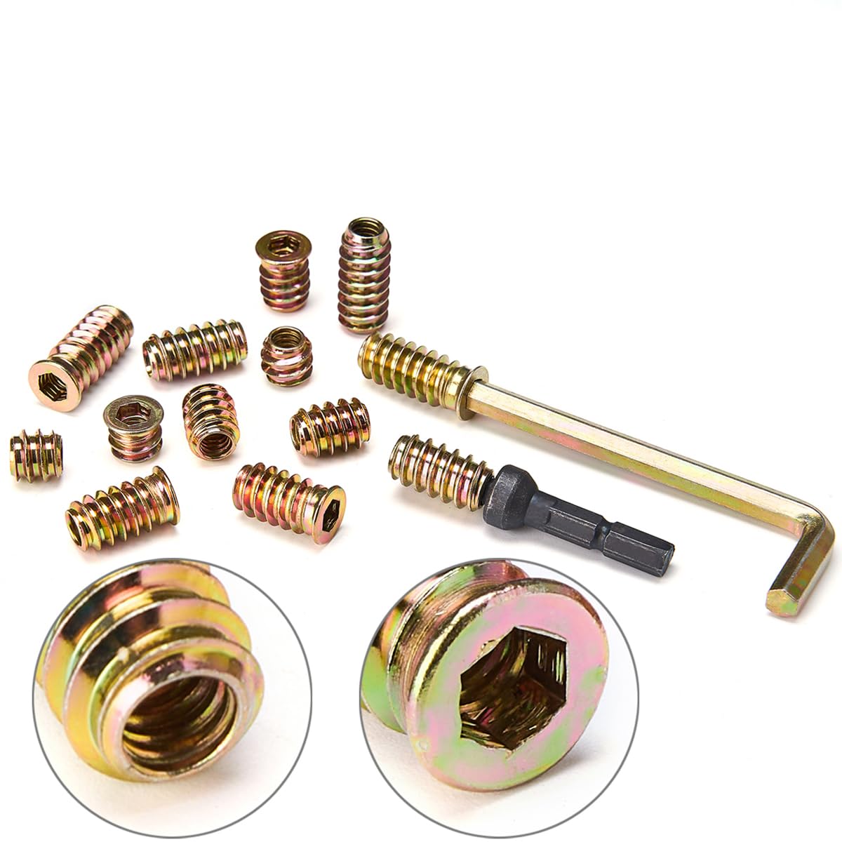 200 Pcs 1/4"-20 Wood Bolt Inserts Metal Nut Inserts - Hex Socket Drive Threaded Screws Fastener Connector for Furniture Replacement Parts - Carbon Steel - Mixed Set