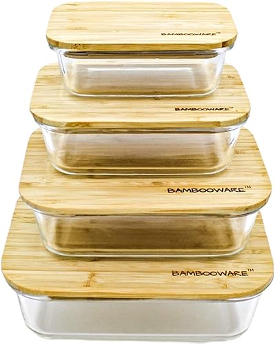 Miniatura 9 de Recipientes de vidrio con tapas | Juego de cristalería no plástica – Tapas de bambú de madera orgánica natural | Juego de 4 | Reutilizables, sin BPA