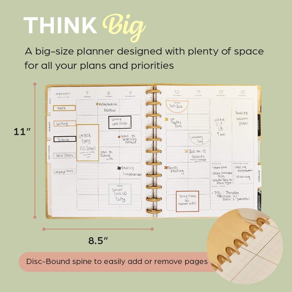 Happy Planner - Planificador encuadernado en disco de julio de 2026 a junio de 2027, tamaño grande | Incluye 3 meses adicionales y 2 hojas de calcomanías, 8.5 x 11 pulgadas, diseño para profesores, tema suave y moderno
