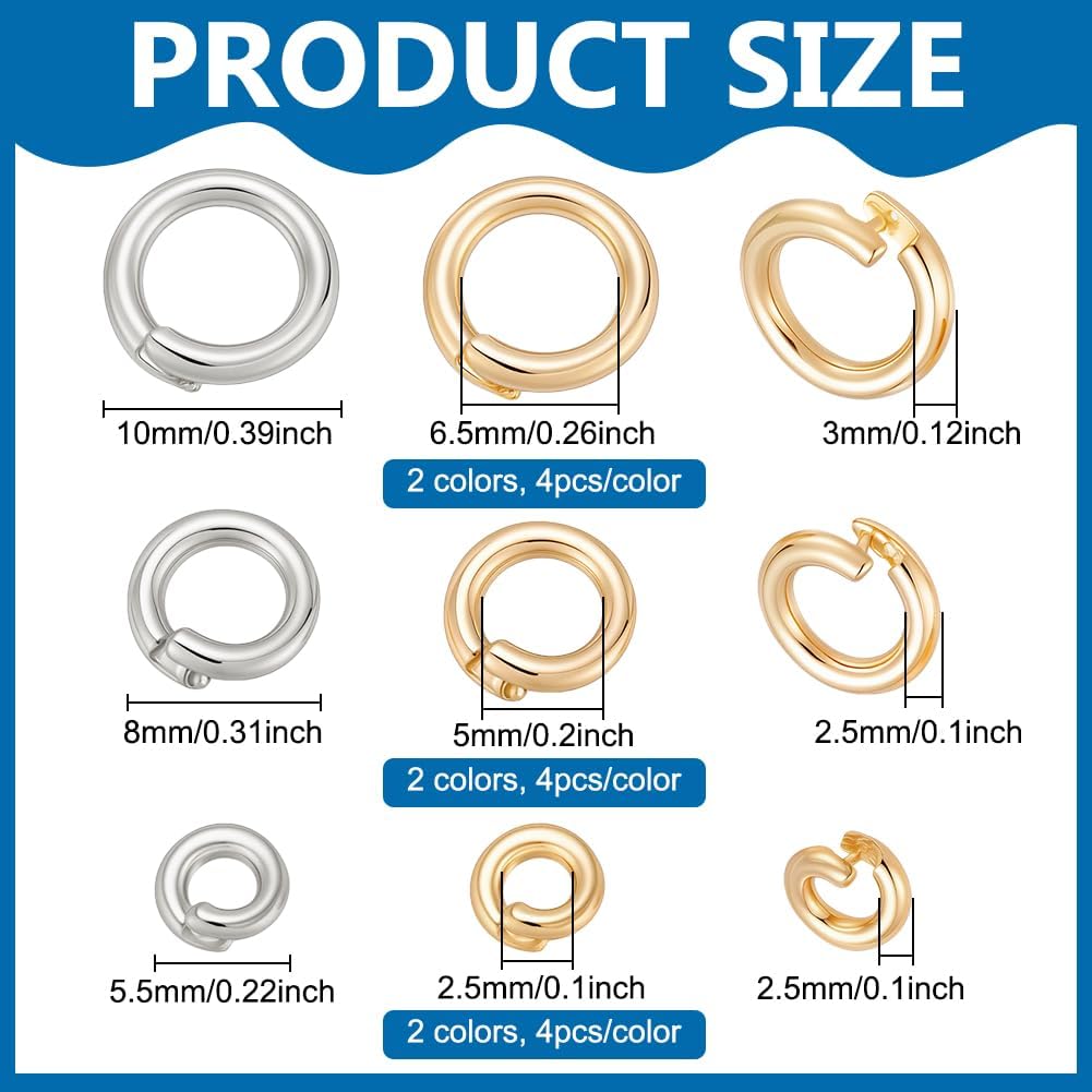 PH PandaHall 24pcs 14K Gold Plated Locking Jump Rings, 5.5/8/10mm Round Locking Jump Rings, Circle Clasp Ring Connector for Necklace Bracelet Keychain Jewelry Making - Image 4