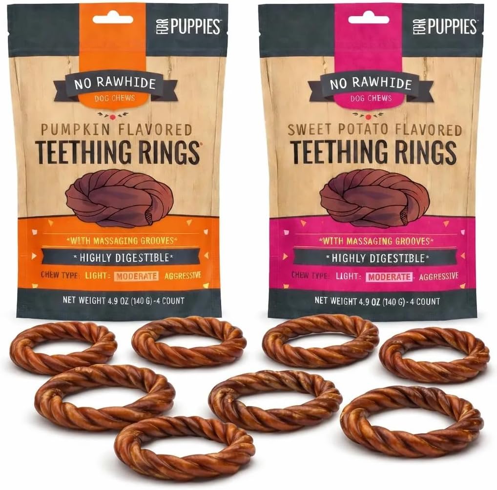 No Rawhide Puppy Teething Rings – Highly Digestible Rawhide Alternative Chews (8 Rings, Pumpkin & Sweet Potato)
