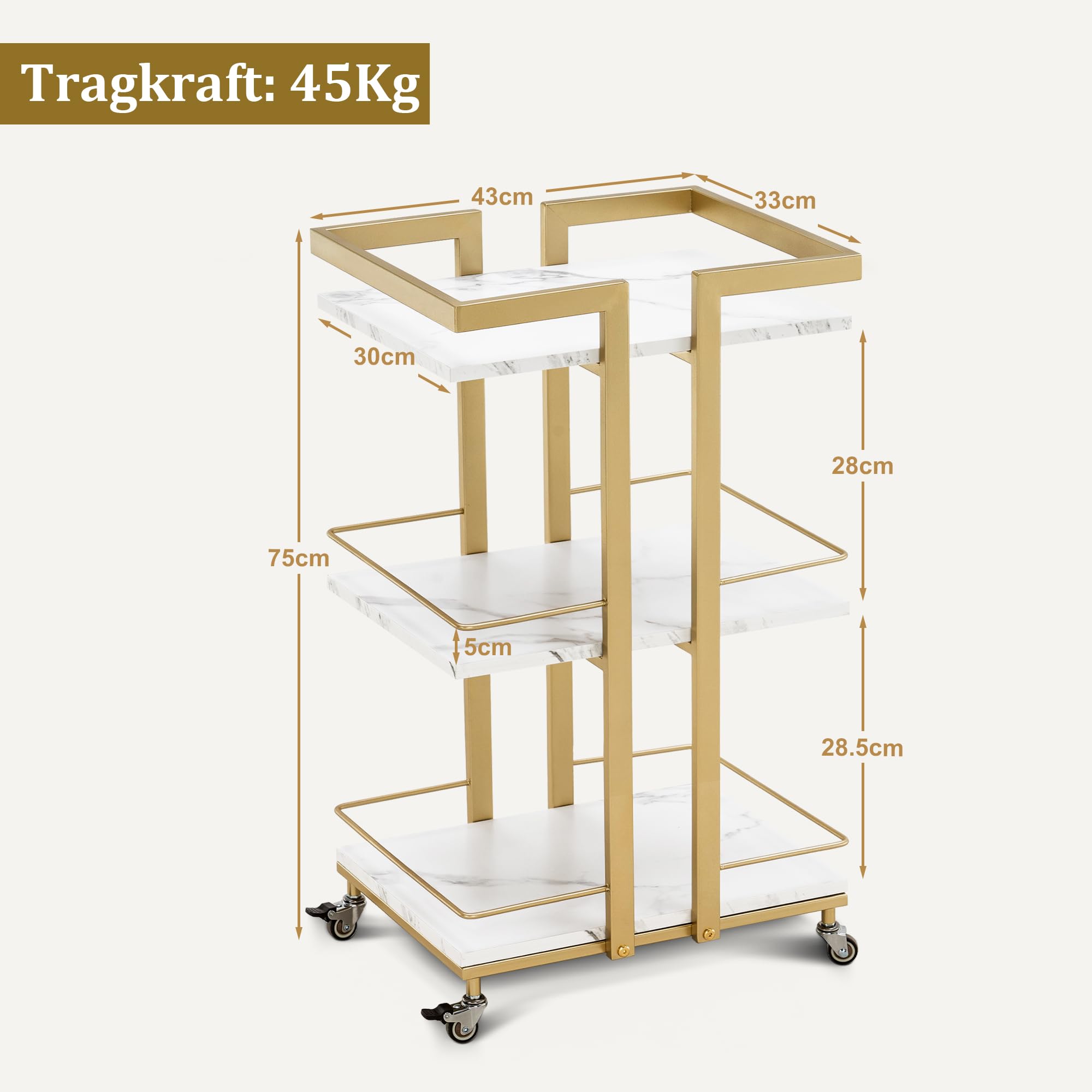 M MCombo Carro de Servicio con Ruedas, Carro de Cocina Carro de Bar Estructura metálica, Carro Moderno Carro Multiusos con 3 Niveles, para Cocina salón Oficina, 33x43x75cm, 0033