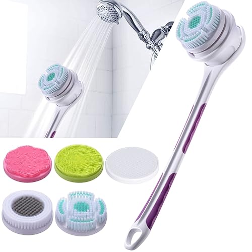 SoulBay Cepillo eléctrico para el cuerpo con 5 accesorios cepillo de espalda recargable IPX7 Mango largo Exfoliante Spin Scrubber para ducha, baño,