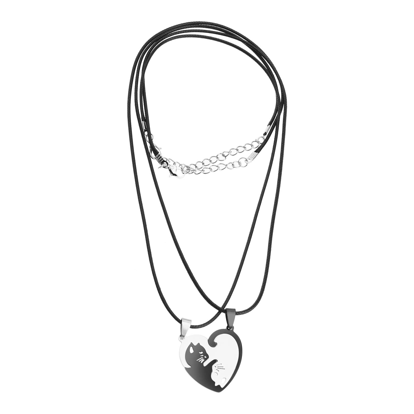 1 Pair Keyrings/Necklaces Stainless Steel Couple Cats Heart-Shaped Puzzle Pendant Matching Set for Lovers