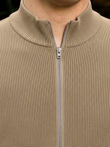 Image of Maniac Mens Solid Texture High Neck Full Sleeve Beige Full Zipper Cotton Jacket