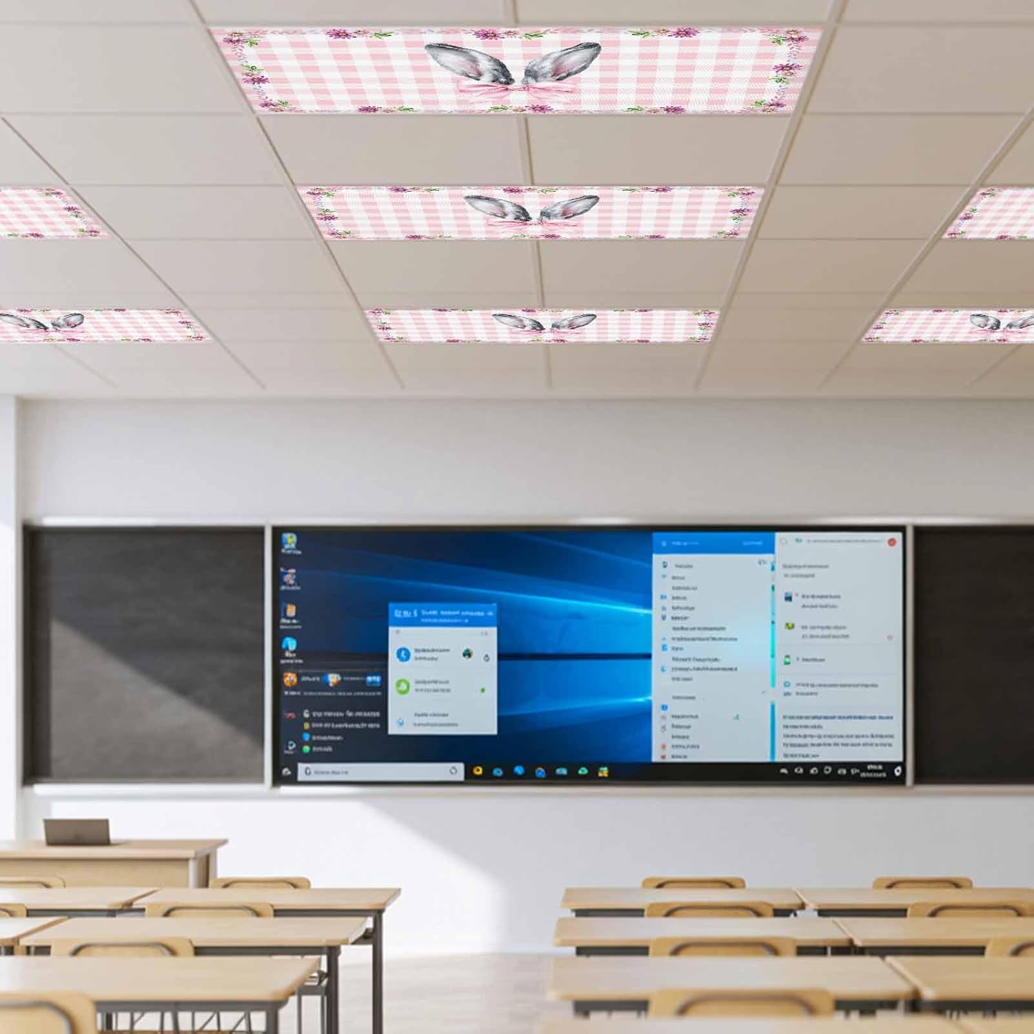 Spring Easter Fluorescent Light Covers for Ceiling Lights 4x2 feet,4 Pack Magnetic Light Filters for Classroom,Cute Rabbits Ears Bow Daisy Floral Pink Plaid Fluorescent Lamp Shade Panel for Office