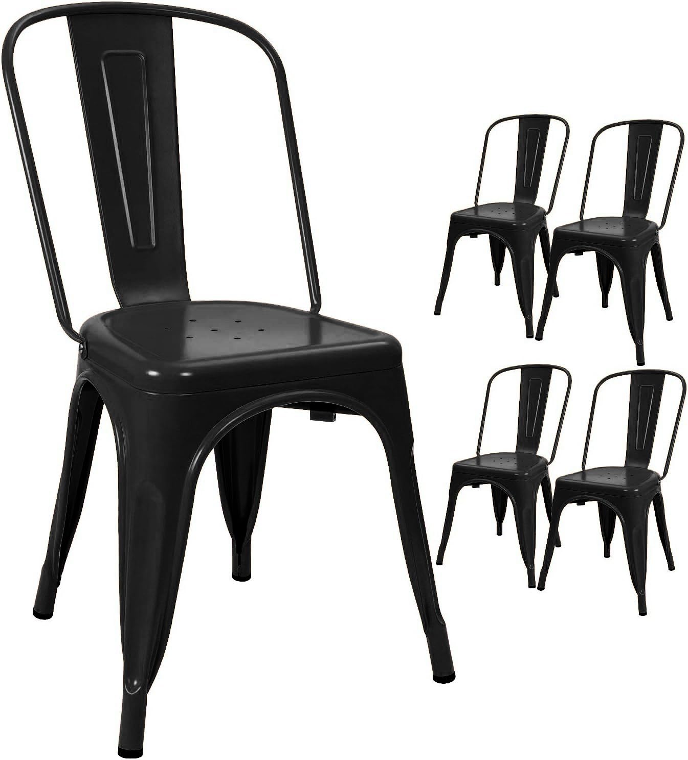 Devoko Metal Indoor-Outdoor Chairs Distressed Style Kitchen Dining Chairs Stackable Side Chairs with Back Set of 4 (Black)