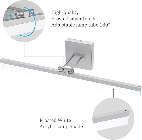 Miniatura 4 de Ralbay Lámpara LED moderna plateada de 24 pulgadas, luz de tocador ajustable de 14 W para baño, lámpara LED moderna de tocador de baño sobre espejo