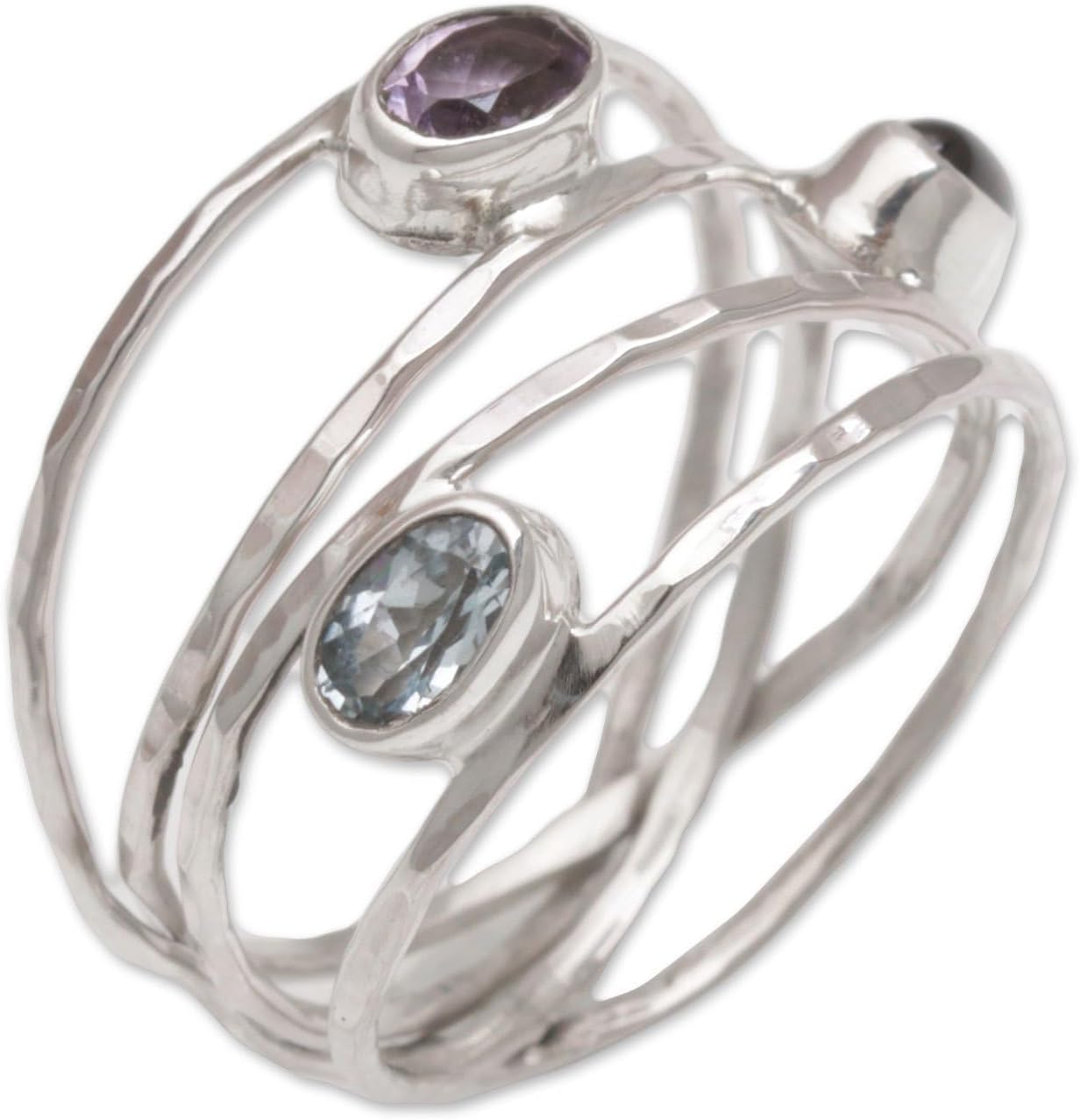 NOVICA Artisan Handmade Multigemstone Ring Amethyst Blue Topaz Garnet Multiband from Bali .925 Sterling Silver Multicolor Purple Red Indonesia Birthstone 'Eternal Majesty'