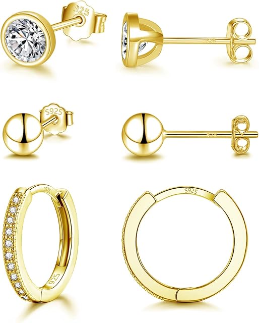 SAKUNALA 925 Sterling Silver Stud Earrings for Women Girls, Solid Silver Hoop Earrings and Stud Earrings Set, Small Cubic Zirconia Sleeper Stud Earrings Set, Earrings Set for Multiple Piercings