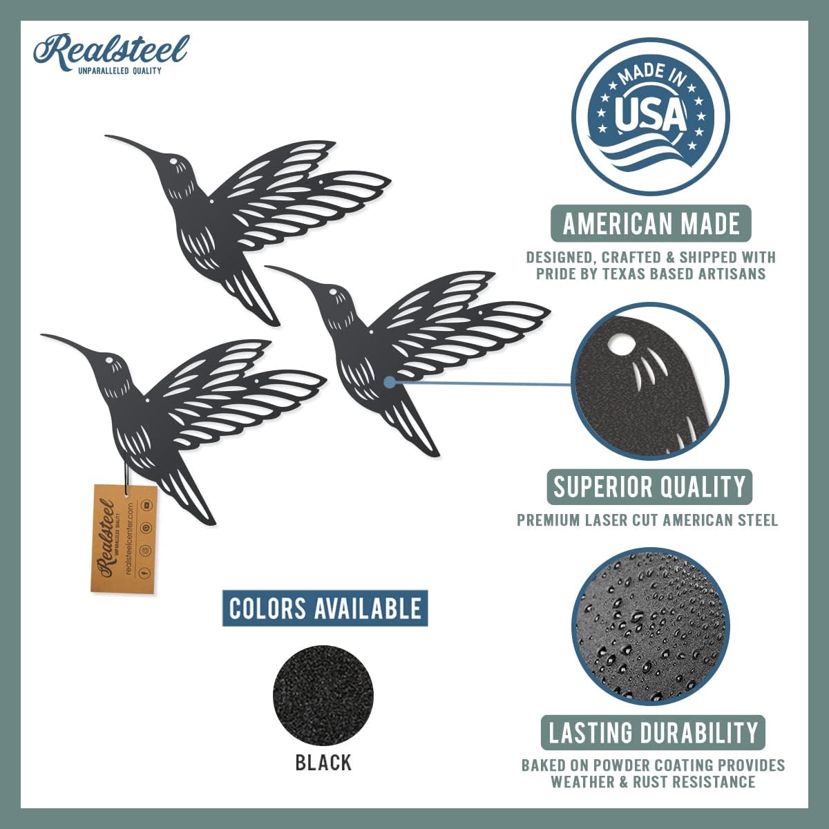 RealSteel Hummingbird Metal Wall Art Set of 3 – Decorative Steel Bird Cutout Wall Decor for Home & Garden | Indoor Outdoor Nature Wall Art | Patio, Porch & Living Room Accent | Made in USA (6" X 9")