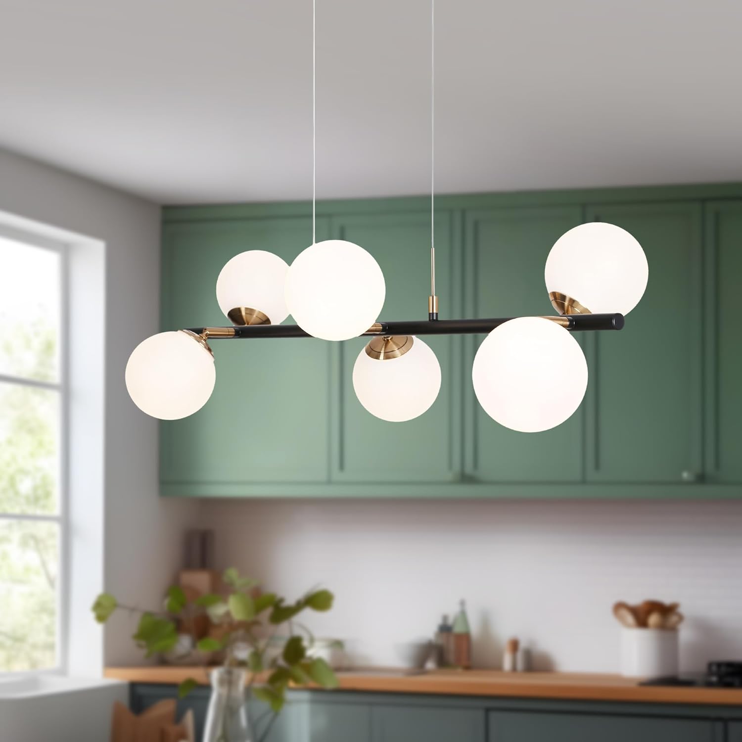 KSANA Modern LED Chandelier, Black Gold Linear Chandelier Light Fixtures, 6-Light Adjustable Height Kitchen Island Lighting with Frosted Glass Shade for Dining Room Living Room 2200LM, 3045K