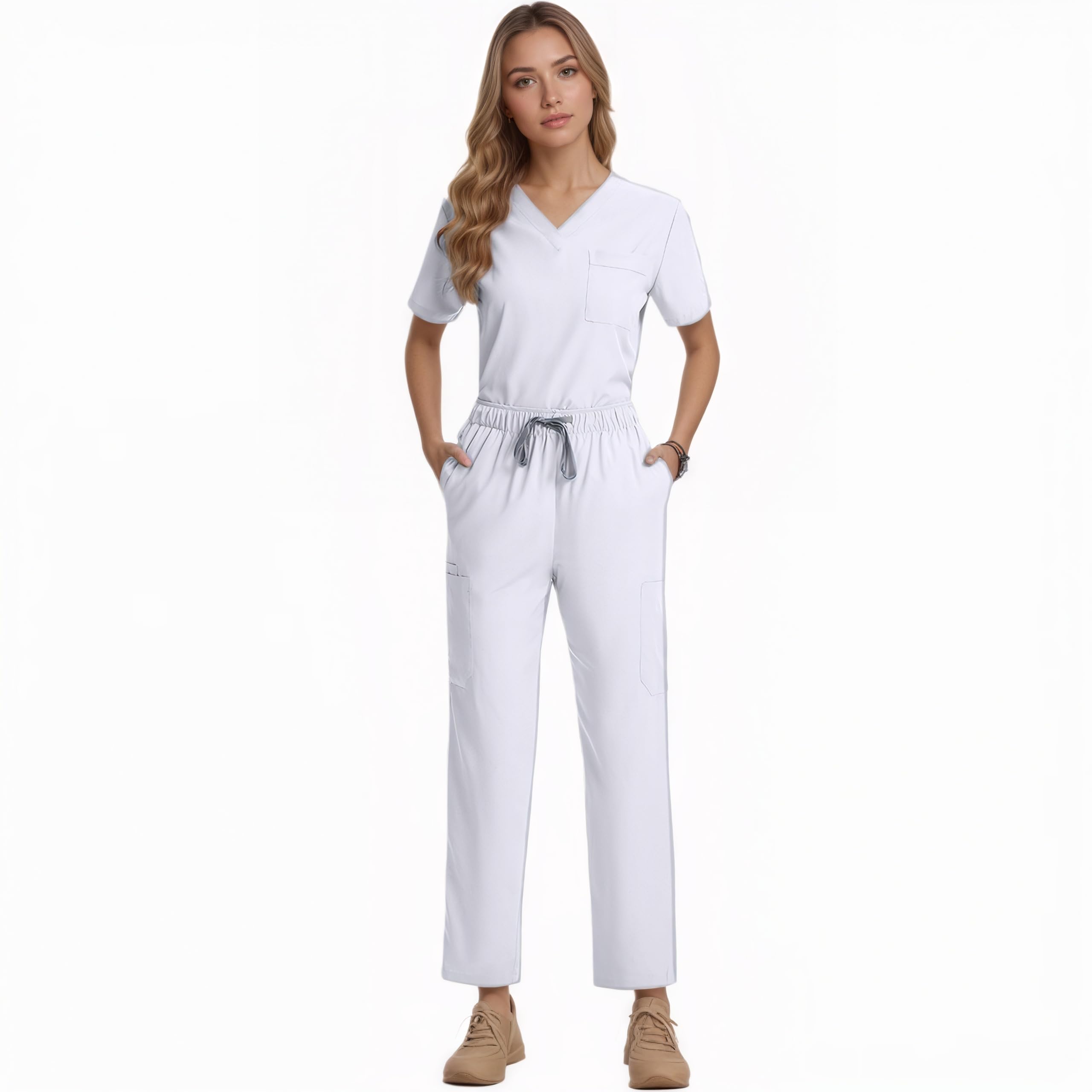 Maizoon Set di scrub da donna elastico per assistenza sanitaria uniforme medica infermiera abbigliamento ad asciugatura rapida scollo a V comodo top e pantaloni
