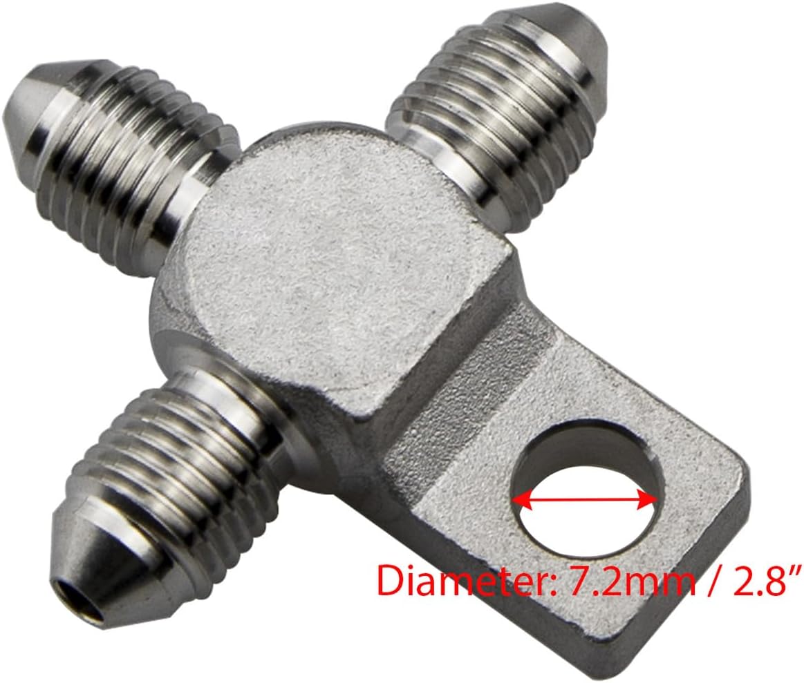 Stainless Steel 3AN -3/8 x 24 Male Flare Union Splits Brake Tee Block With Lug/Mount Tab/Locator, AN3 Male Flare Coupling Union All Sides Hose Fitting