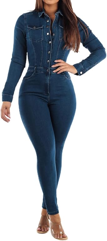 Womens Vintage Denim Jumpsuit Stretch Skinny Jean Jumpsuit Long Sleeve Button Down Denim Romper Jumpsuit