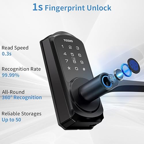 Miniatura 3 de TEEHO Smart Lock - Cerradura de puerta con teclado con mango - Cerradura de puerta de huellas dactilares 6 en 1 para puerta delantera - Control de