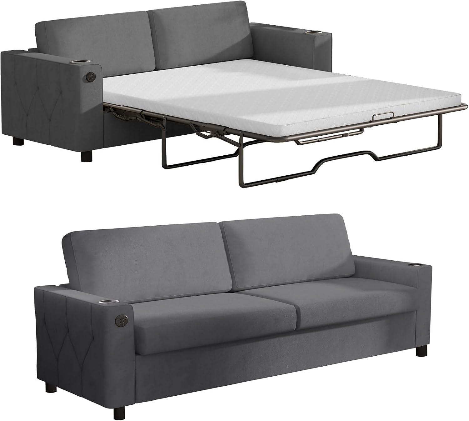 BALUS Pull Out Sofa Bed, Queen Sleeper Sofa with Pullout Couch Bed, 2-in-1 Convertible Sofas Beds with Cup Holder and USB Charging Port,Loveseat Sleeper with Memory Mattress for Living Room, Dark Gray