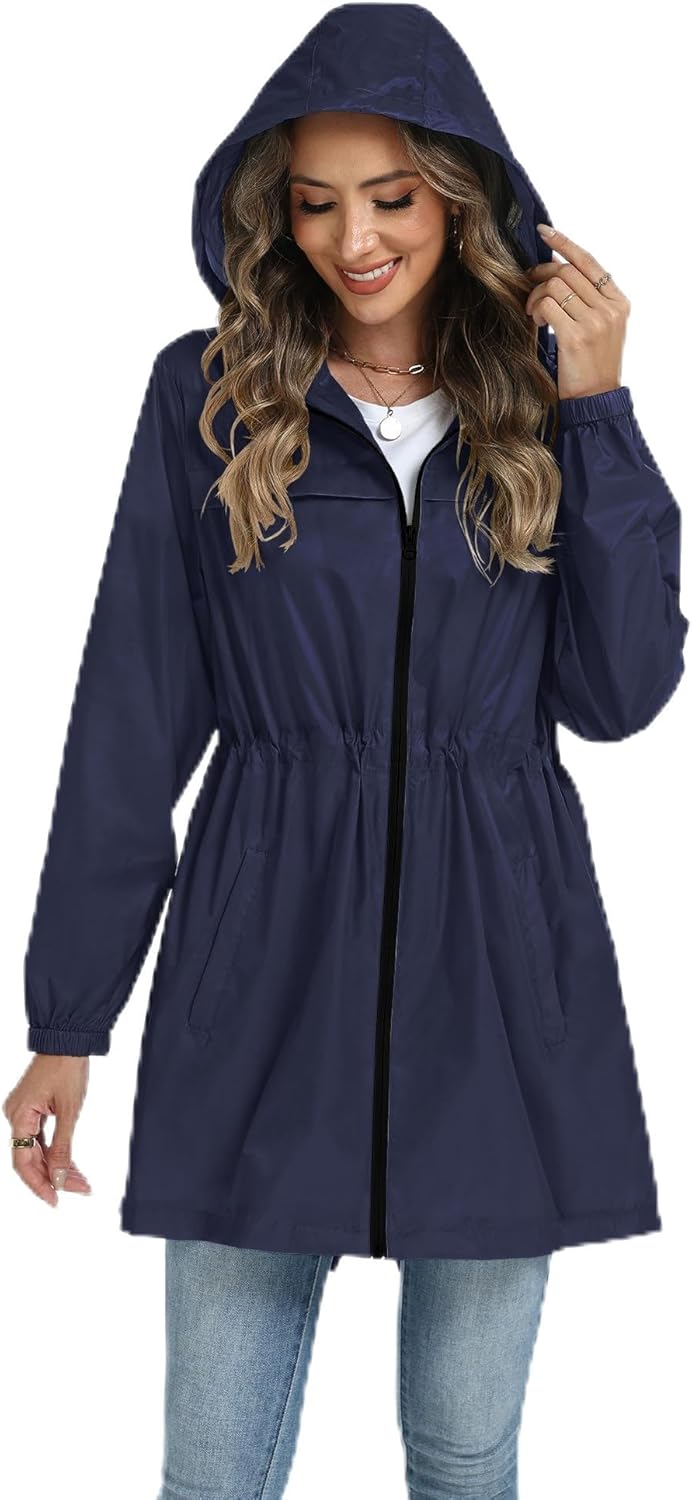 Hount Women's Waterproof Long Raincoats Lightweight Packable Rain Jackets with Hood Active Outdoor Breathable Raincoats
