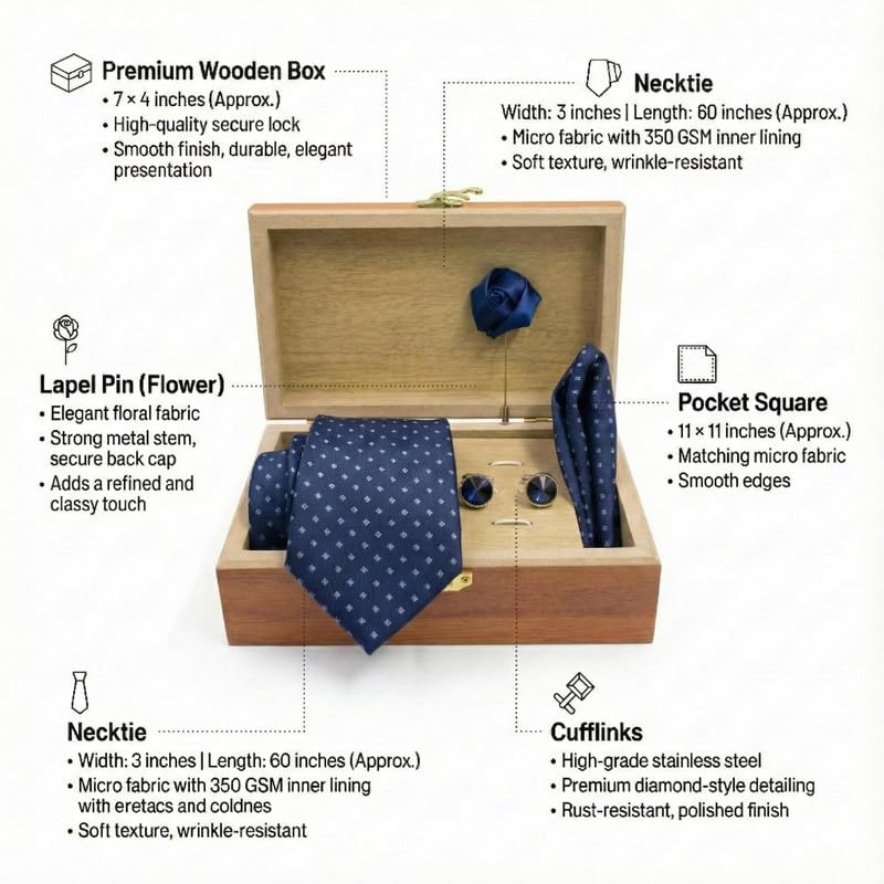 Image of Men's Necktie Gift Set with Wooden Box | Premium Tie, Pocket Square, Cufflinks & Lapel Pin | Elegant Formal Accessories Gift for Men