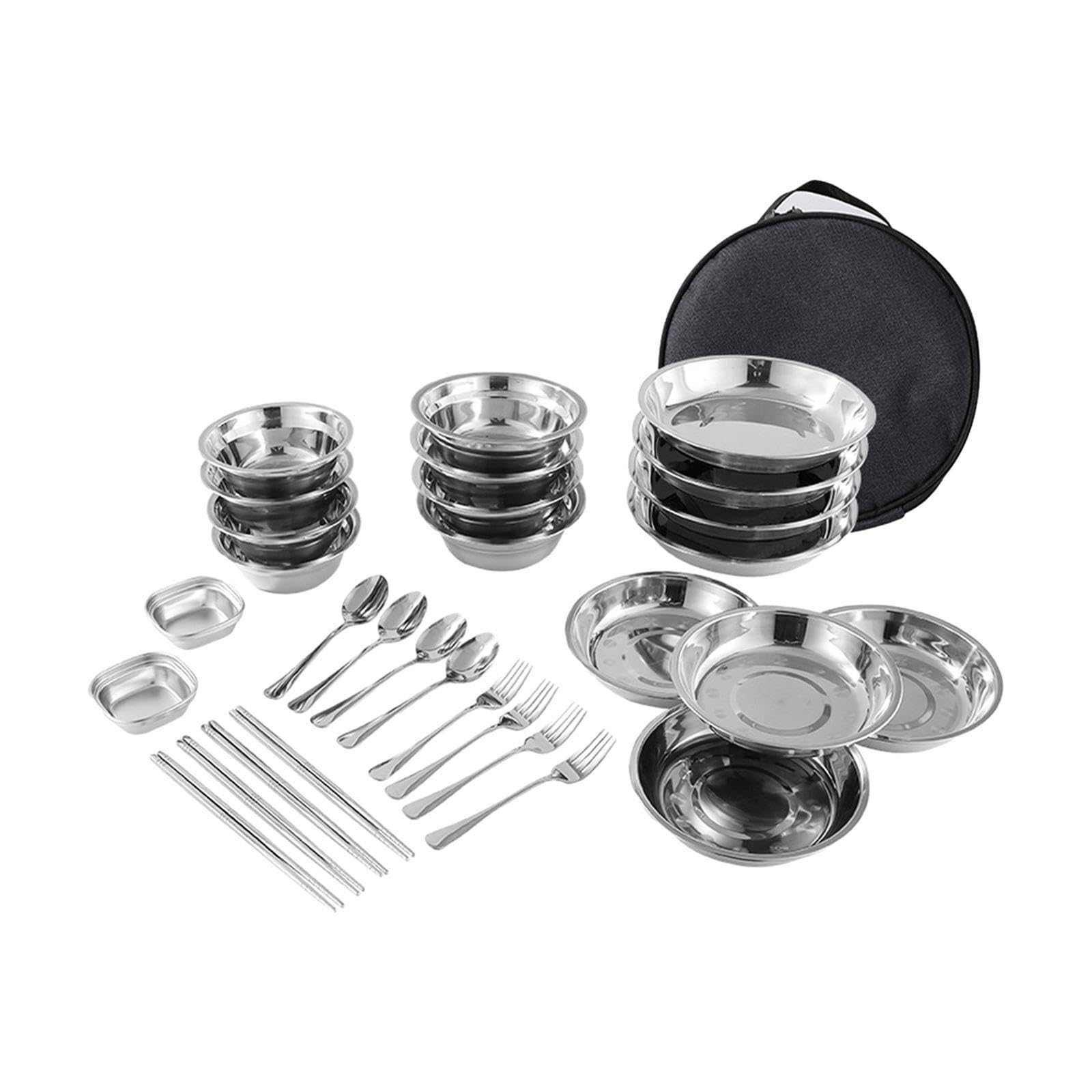 Tragbares Outdoor Kochset, Campingbesteck inklusive robuster Edelstahl Teller, Schüsseln und Besteck sowie Aufbewahrungstasche, 30 Stück