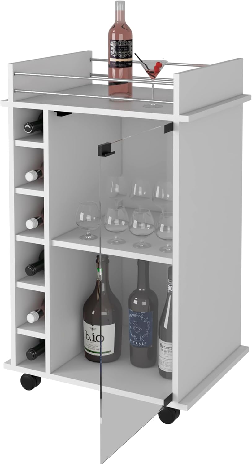 Bar Cart, Two Tier Cabinet with Glass Door, Six Cubbies for Liquor