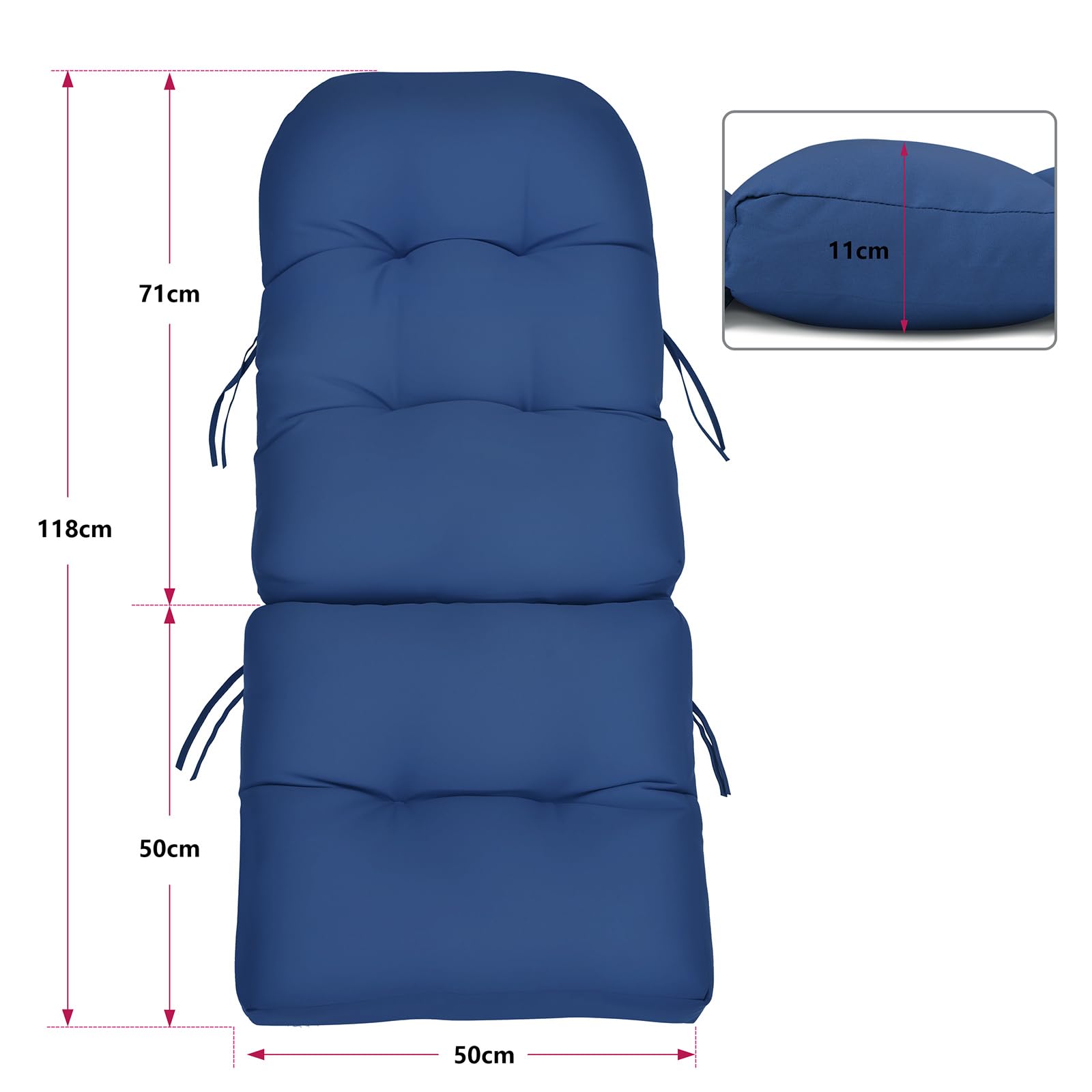 ATR ART TO REAL Adirondack - Cojines para silla de jardín, 118 x 50 x 11 cm, cojín de repuesto para exteriores con lazos antideslizantes, cojines de asiento impermeables con respaldo alto, color azul