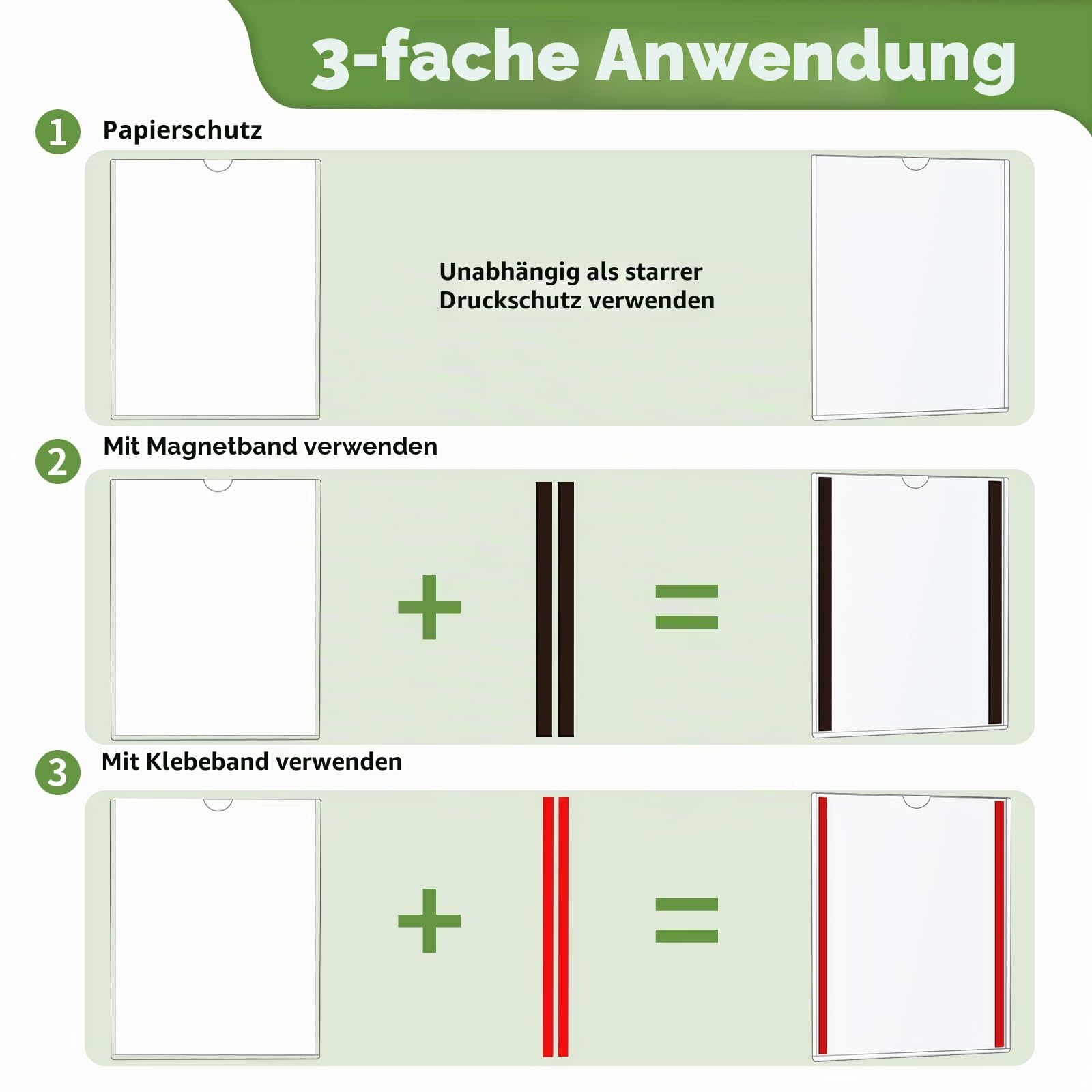 Magnetischer Wandschilderhalter A4, starre Druckschutzfolie, Klebe- und Magnetband, Kunststoff-Papierhalter für Büro, Geschäft, Zuhause, 10 Stück