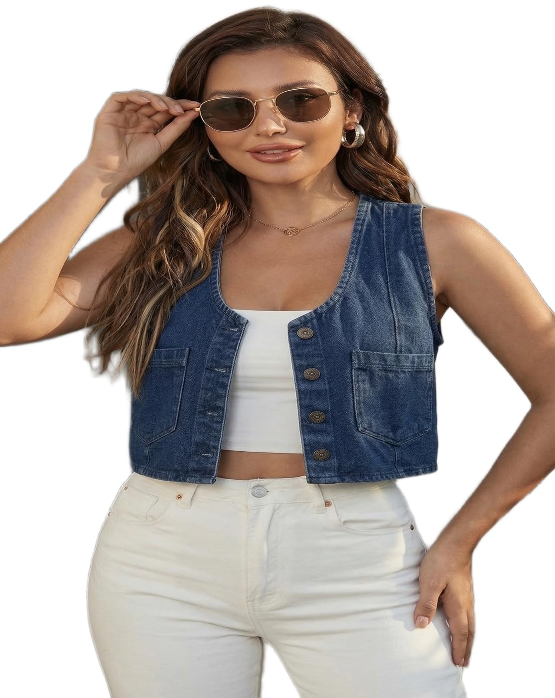 fashardor Women’s Cropped Denim Vest - Sleeveless Button Down Jean Top, Y2K Fashion Waistcoat with Front Pockets, Slim Fit Vintage Denim Tank Top for Summer Outfits-picture-37