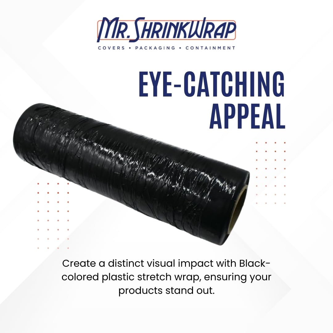 Mr. Shrinkwrap 18"x1500' 80ga Hand Stretch Film, Single Roll. Ideal for Securing & Protecting Palletized Products in Transit - Black (Opaque)