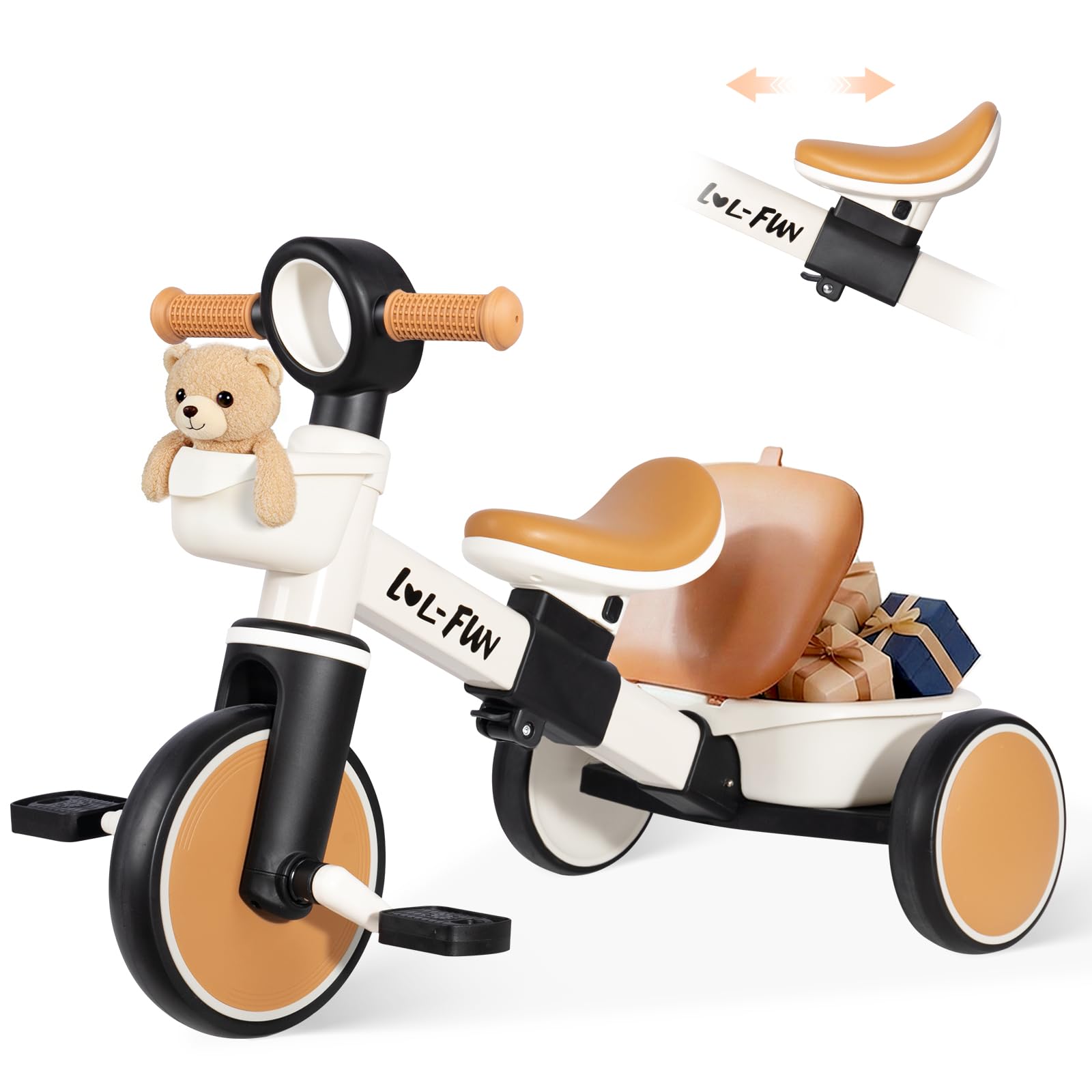 LOL-FUN Kids Tricycle for 1-3 Year Olds, Adjustable Baby Trike for Boys Girls Toys Gift Age 2-4, Toddler Bike with Storage Baskets & Removable Pedals