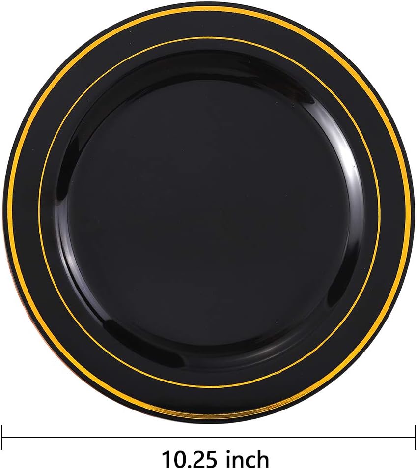 bUCLA 100 Pieces Black and Gold Plastic Dinner Plates - 10.25 inch Black Disposable Plates with Gold Rim - Ideal for Party, Graduation & New Year - Image 2