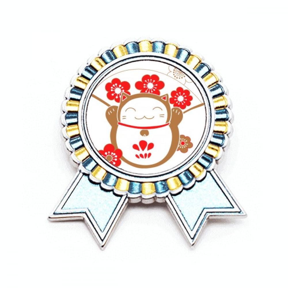 Broche chat porte-bonheur fleurs de cerisier taille M métal ciselé