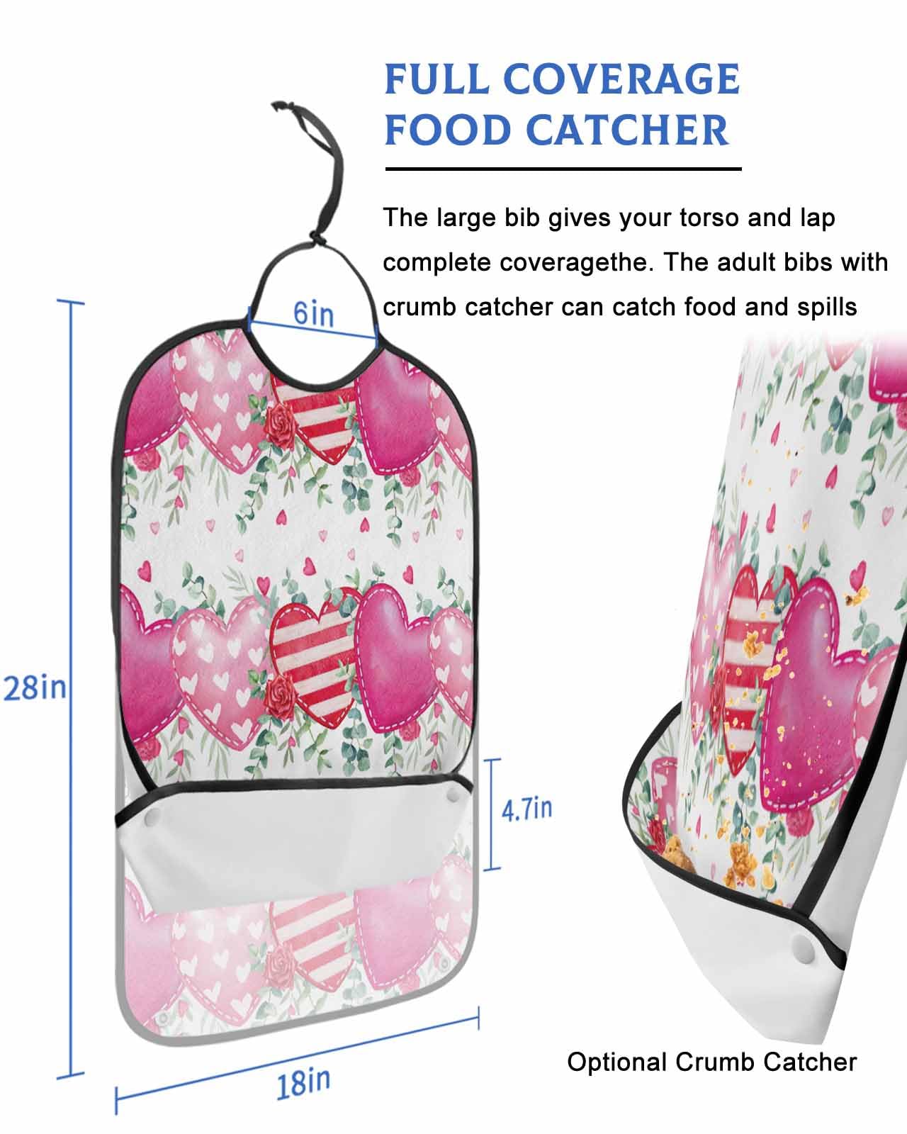 LEOKOTI Pink Valentines Adult Bibs for Eating, Waterproof Bibs with Food Catcher & Snap Closure, Eucalyptus Leaves Botanical Love Heart Washable Clothing Protectors Adult Bibs for Elderly